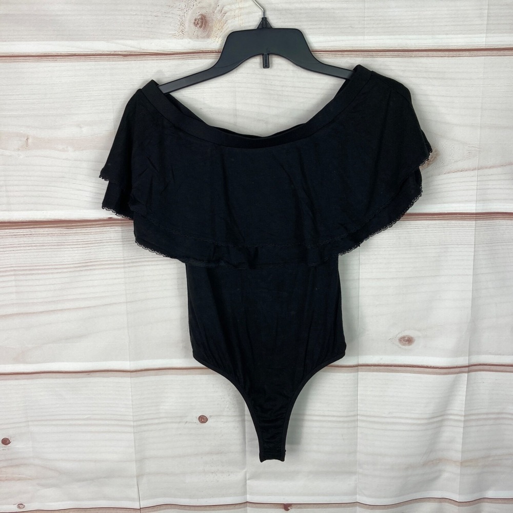 Marciano Top Womens XS Black Off The Shoulder‎ Bodysuit Ruffle Neck Thong Solid